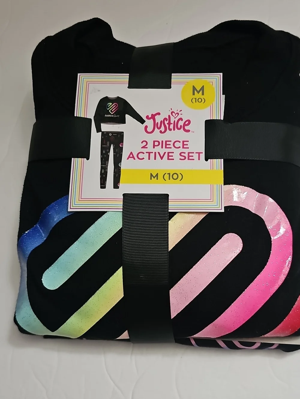 Justice Black Active Set with Glitter Rainbow Stripe